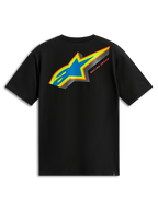 Alpinestars Angler CSF Tee, maglietta a maniche corte, nero, vista posteriore con logo Astars multicolore, riempimento perforato blu e scritta Racing Ahead, abbigliamento casual motorsport streetwear