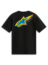 Alpinestars Angler CSF Tee, maglietta a maniche corte, nero, vista posteriore con logo Astars multicolore, riempimento perforato blu e scritta Racing Ahead, abbigliamento casual motorsport streetwear