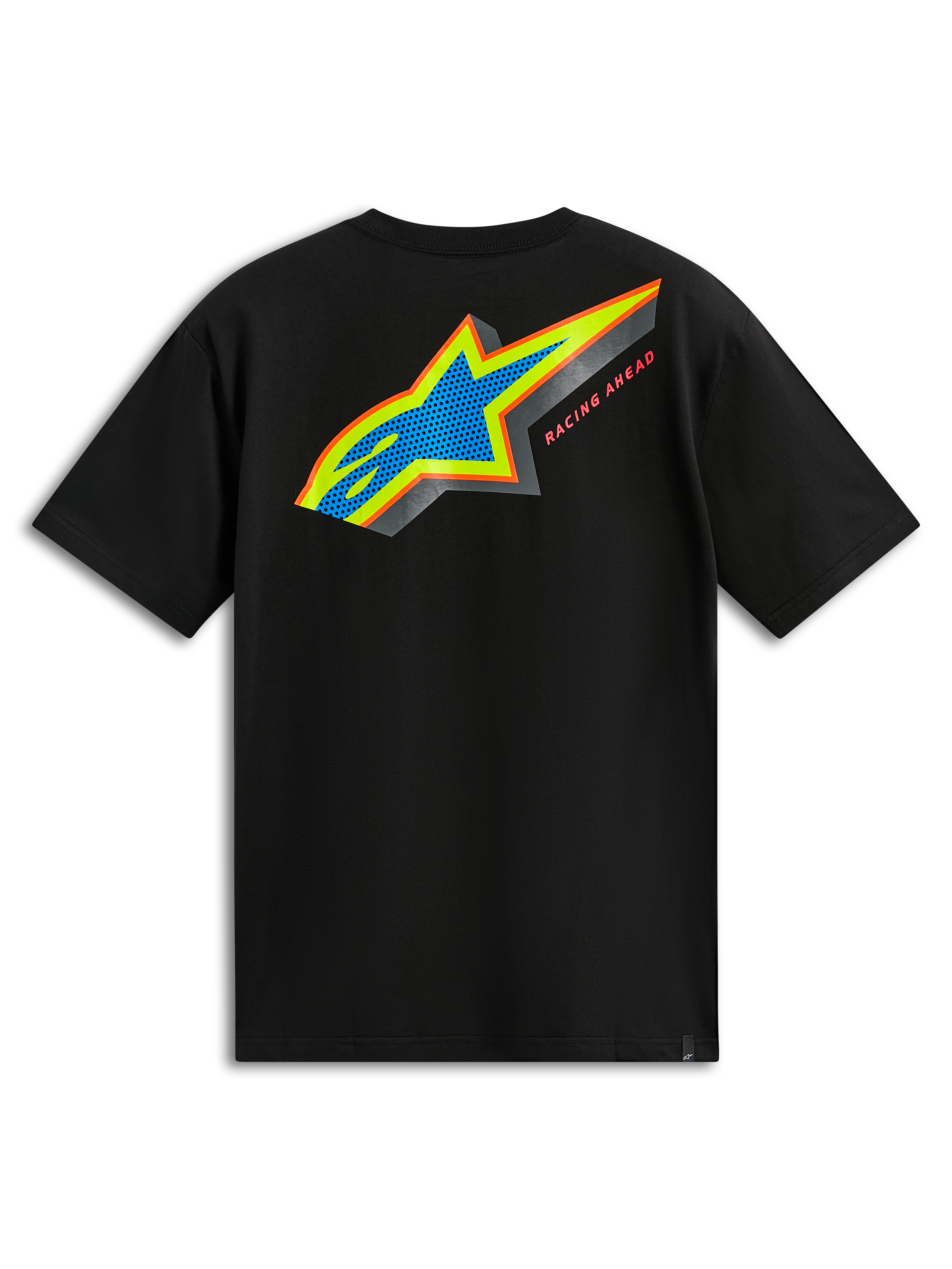 Alpinestars Angler CSF Tee, maglietta a maniche corte, nero, vista posteriore con logo Astars multicolore, riempimento perforato blu e scritta Racing Ahead, abbigliamento casual motorsport streetwear