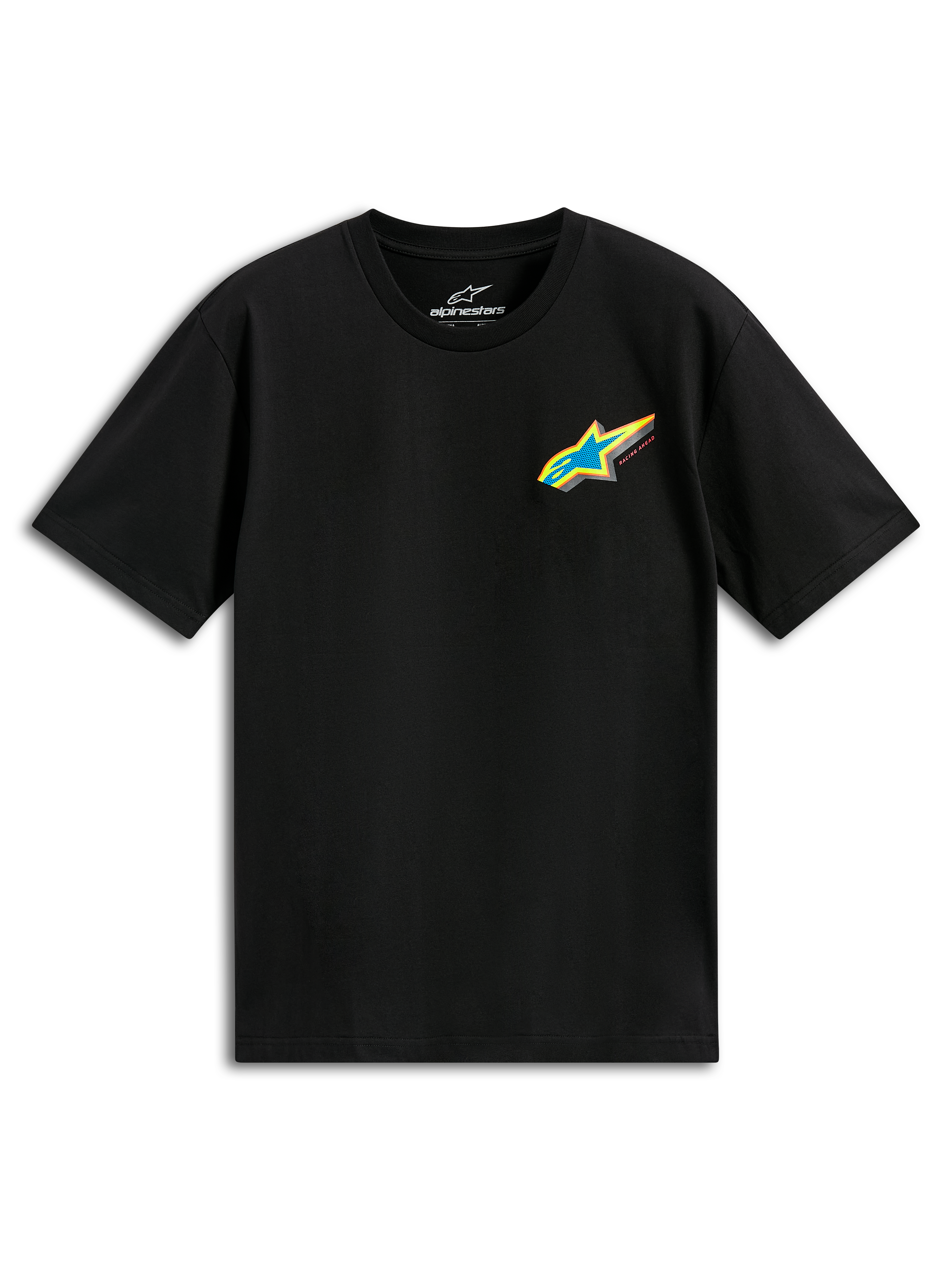 Alpinestars Angler CSF Tee, maglietta a maniche corte, nero, logo Astars multicolore vibrante con stella blu e bordo giallo sul petto, abbigliamento casual motorsport streetwear