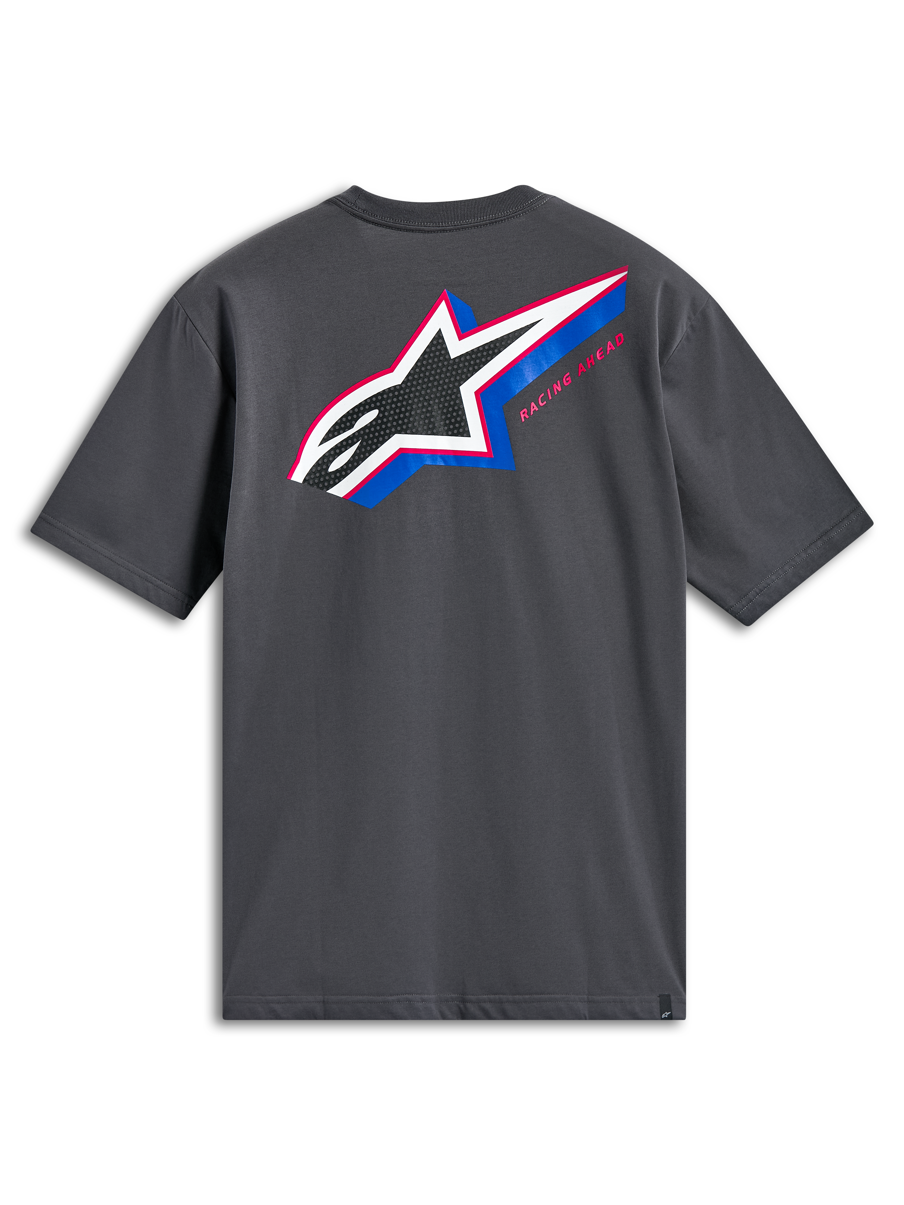 Alpinestars Angler CSF Tee, maglietta a maniche corte, grigio antracite, vista posteriore con grande logo Astars multicolore con riempimento perforato, accenti blu e rosa e testo 'Racing Ahead', abbigliamento casual motorsport