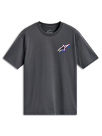 Alpinestars Angler CSF Tee, maglietta a maniche corte, grigio antracite, logo Astars multicolore sul petto a sinistra con accenti rossi e blu, abbigliamento casual motorsport