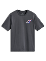 Alpinestars Angler CSF Tee, maglietta a maniche corte, grigio antracite, logo Astars multicolore sul petto a sinistra con accenti rossi e blu, abbigliamento casual motorsport