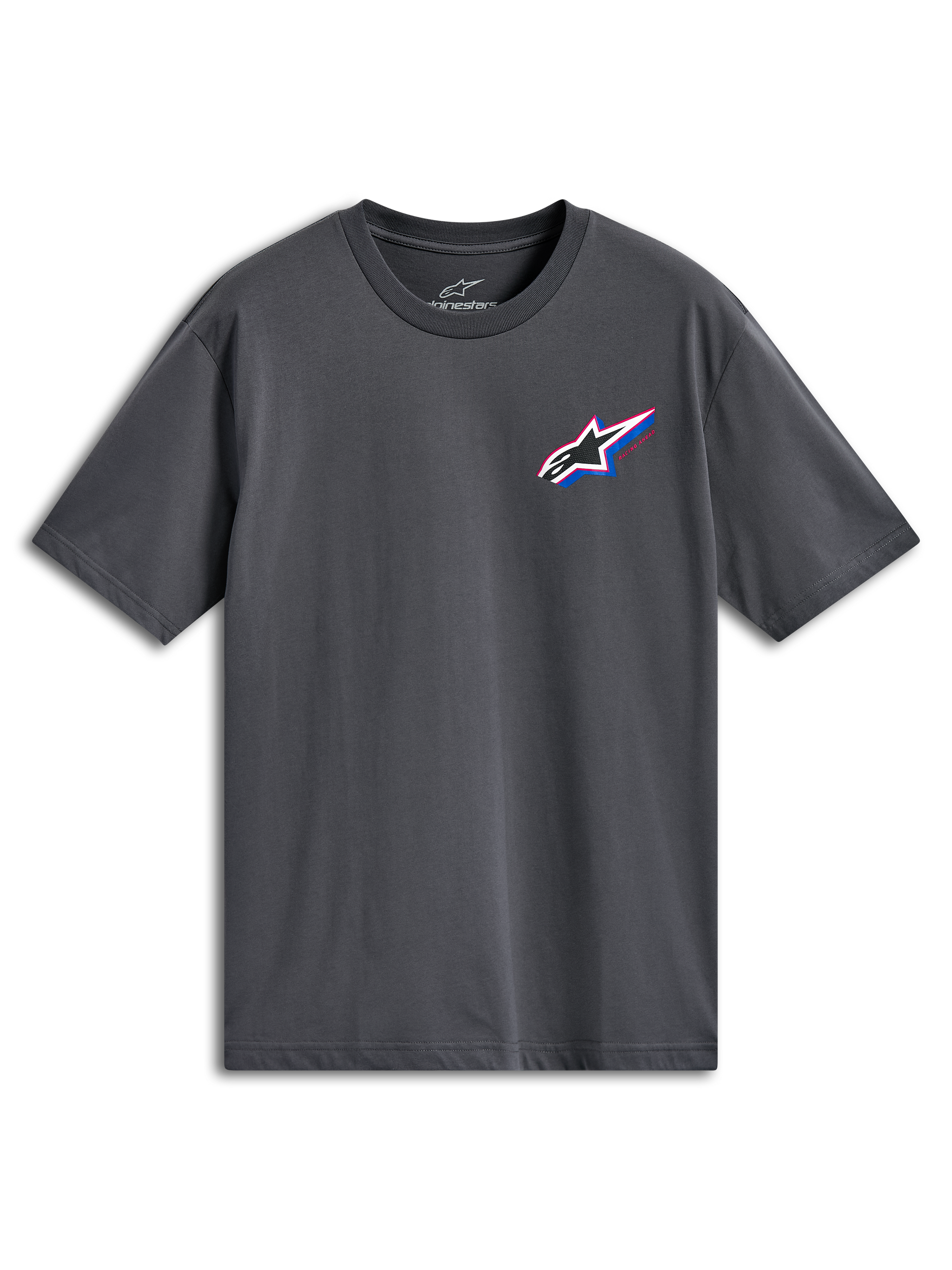 Alpinestars Angler CSF Tee, maglietta a maniche corte, grigio antracite, logo Astars multicolore sul petto a sinistra con accenti rossi e blu, abbigliamento casual motorsport