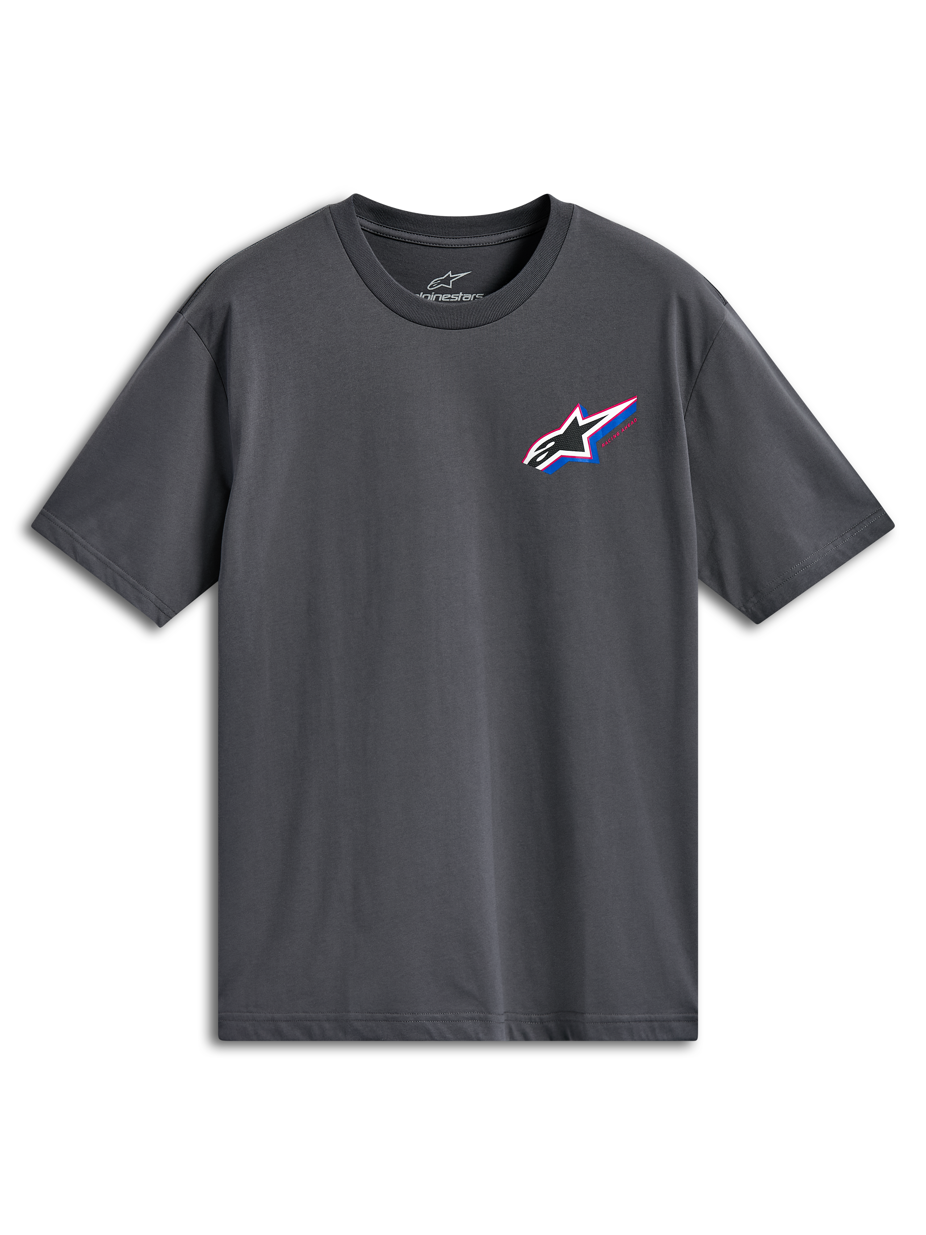 Alpinestars Angler CSF Tee, maglietta a maniche corte, grigio antracite, logo Astars multicolore sul petto a sinistra con accenti rossi e blu, abbigliamento casual motorsport