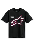Alpinestars Authority CSF Tee, t-shirt a maniche corte, nero, grande logo Astars bianco con contorno rosa, con scritte 'Alpinestars Protects' e 'Racing Ahead', streetwear casual motorsport