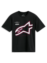 Alpinestars Authority CSF Tee, Short Sleeve T-Shirt, Black, large white Astars logo with pink outline, featuring 'Alpinestars Protects' and 'Racing Ahead' text, casual motorsport streetwear