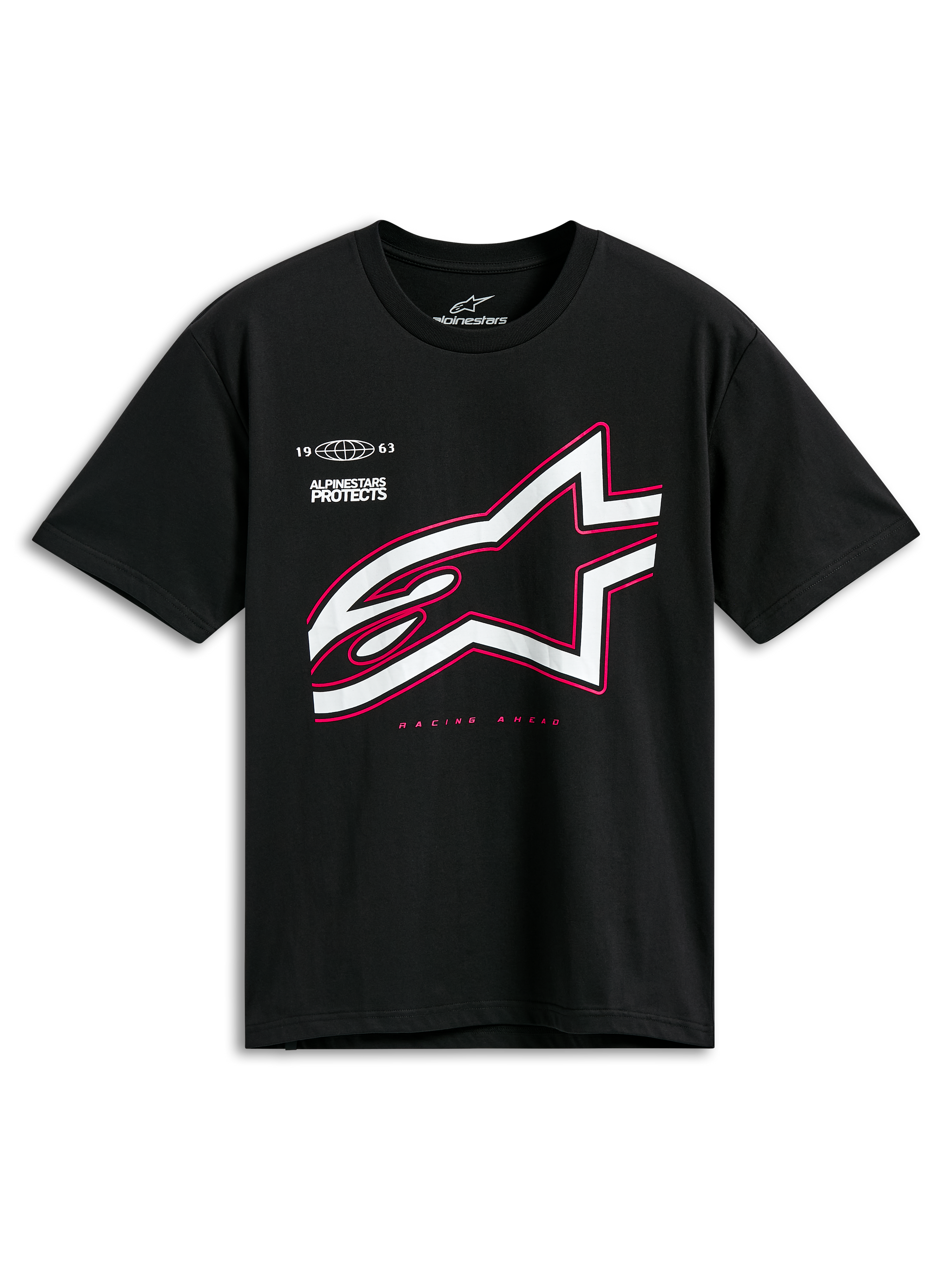 Alpinestars Authority CSF Tee, Short Sleeve T-Shirt, Black, large white Astars logo with pink outline, featuring 'Alpinestars Protects' and 'Racing Ahead' text, casual motorsport streetwear