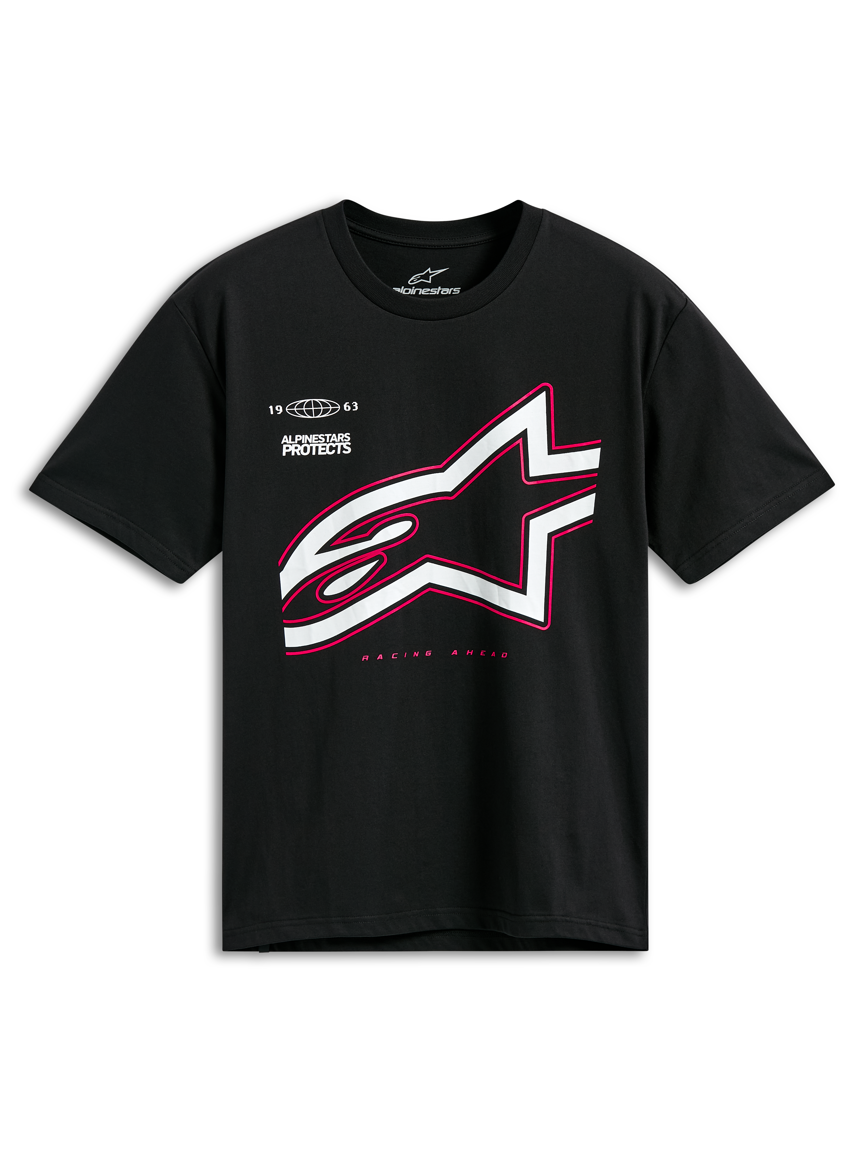 Alpinestars Authority CSF Tee, t-shirt a maniche corte, nero, grande logo Astars bianco con contorno rosa, con scritte 'Alpinestars Protects' e 'Racing Ahead', streetwear casual motorsport