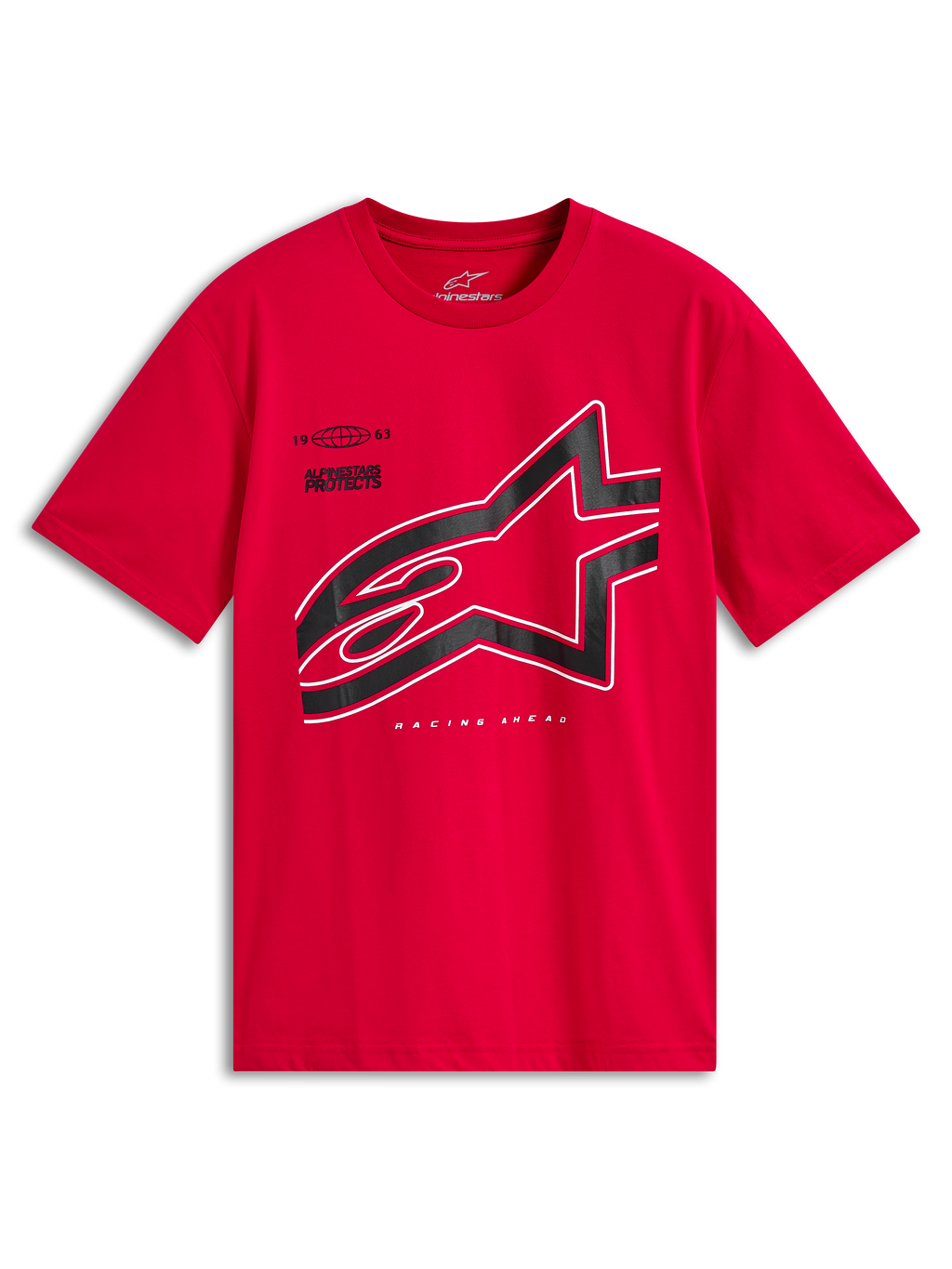 Alpinestars Authority CSF Tee, T-shirt a maniche corte, rosso, grande logo Astars ritagliato nero con bordo bianco, abbigliamento casual motorsport