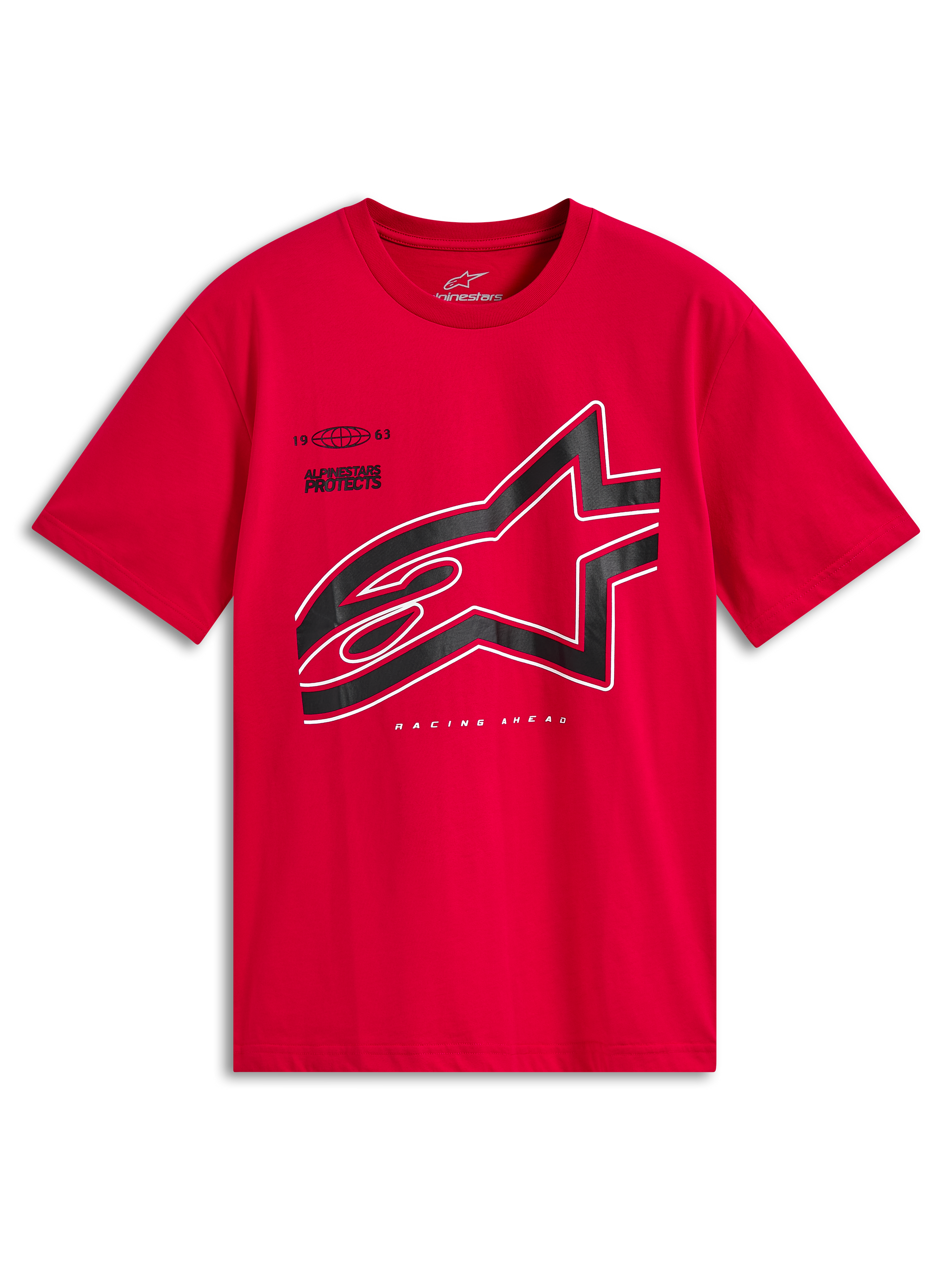 Alpinestars Authority CSF Tee, T-shirt a maniche corte, rosso, grande logo Astars ritagliato nero con bordo bianco, abbigliamento casual motorsport