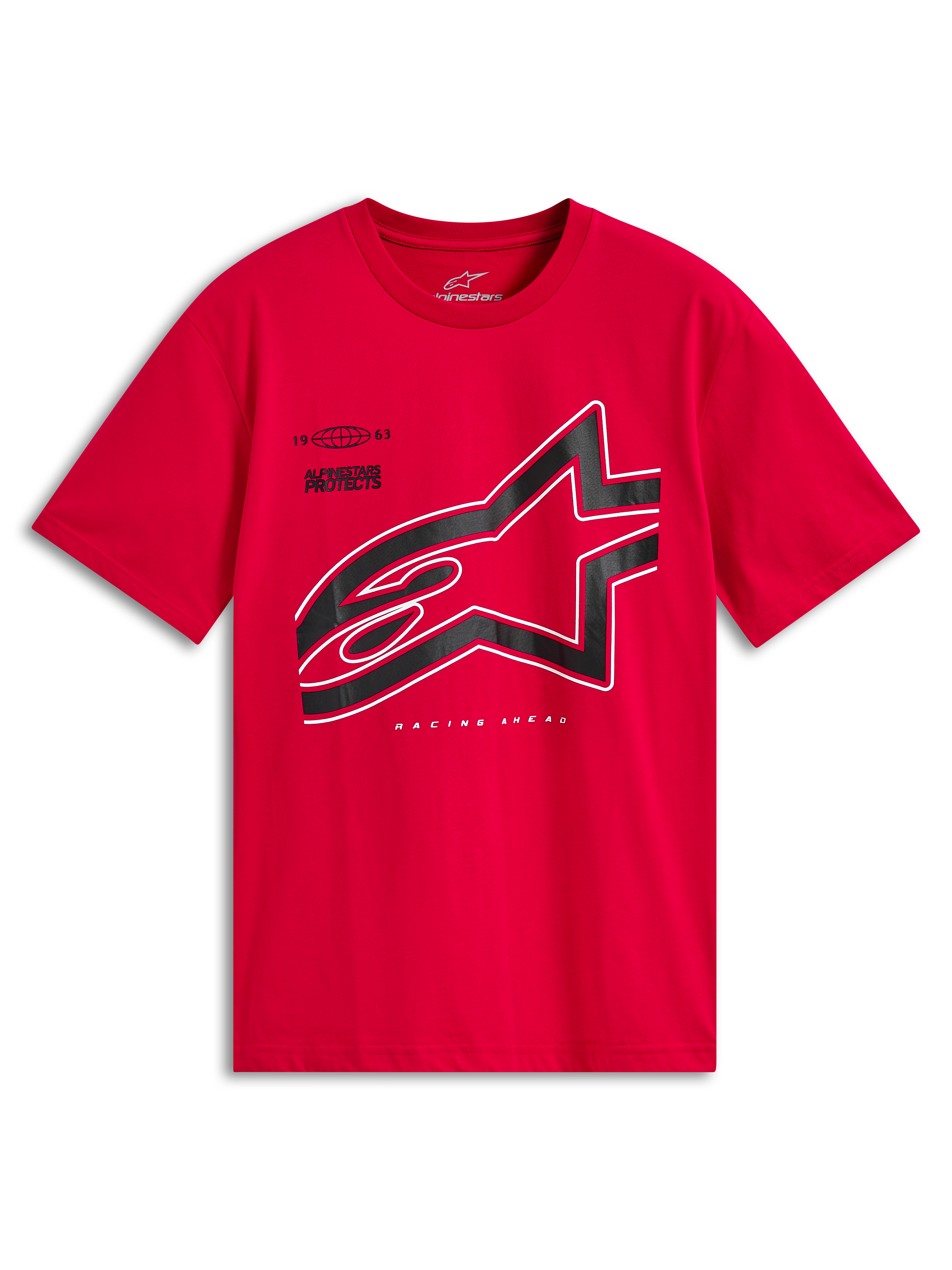 Alpinestars Authority CSF Tee, T-shirt a maniche corte, rosso, grande logo Astars ritagliato nero con bordo bianco, abbigliamento casual motorsport