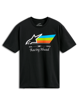 Alpinestars Trifecta CSF Tee, t-shirt a maniche corte, nero, con logo Astars bianco e strisce ciano, verde e arancione, scritta 'Racing Ahead', abbigliamento sportivo casual da motorsport