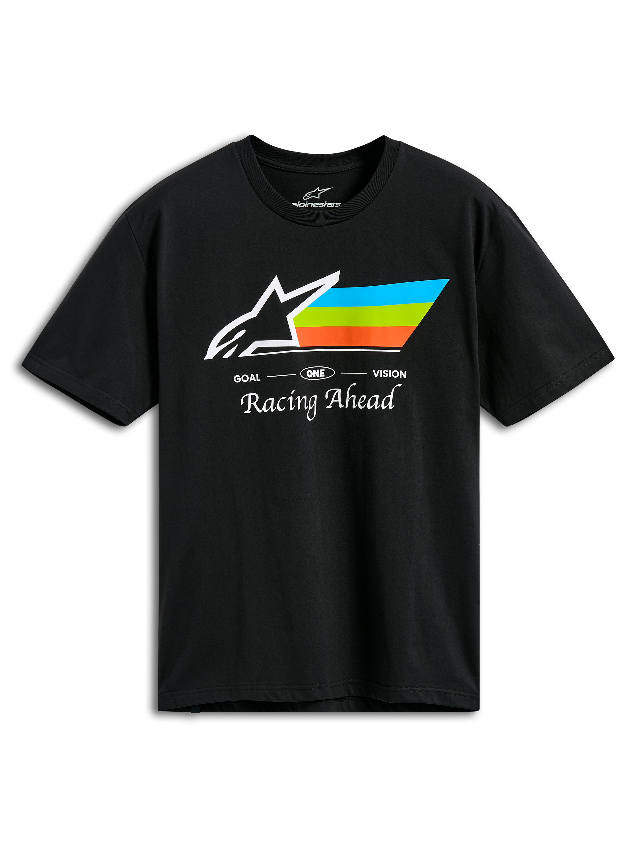 Alpinestars Trifecta CSF Tee, t-shirt a maniche corte, nero, con logo Astars bianco e strisce ciano, verde e arancione, scritta 'Racing Ahead', abbigliamento sportivo casual da motorsport