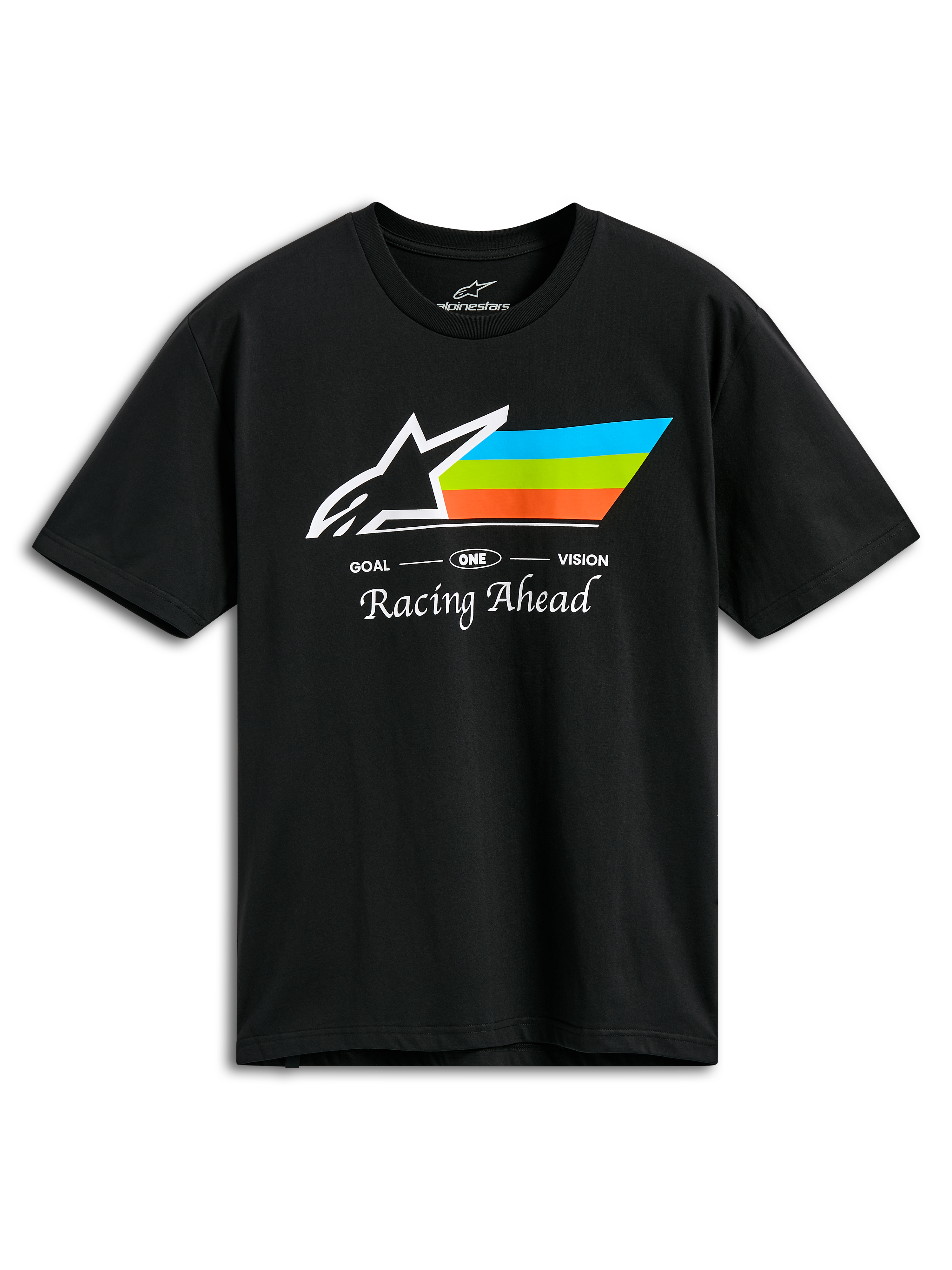 Alpinestars Trifecta CSF Tee, t-shirt a maniche corte, nero, con logo Astars bianco e strisce ciano, verde e arancione, scritta 'Racing Ahead', abbigliamento sportivo casual da motorsport