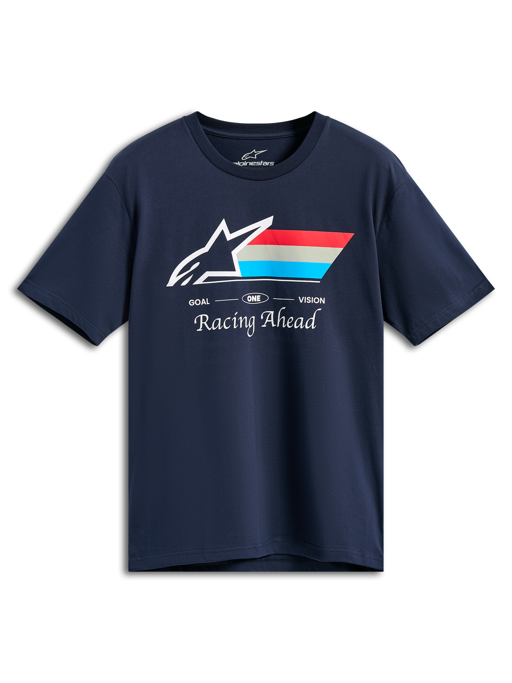 Alpinestars Trifecta CSF Tee, t-shirt a maniche corte, blu navy, logo Astars bianco con strisce rosse, grigie e ciano, testo GOAL ONE VISION e Racing Ahead, streetwear casual motorsport