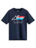 Alpinestars Trifecta CSF Tee, t-shirt a maniche corte, blu navy, logo Astars bianco con strisce rosse, grigie e ciano, testo GOAL ONE VISION e Racing Ahead, streetwear casual motorsport