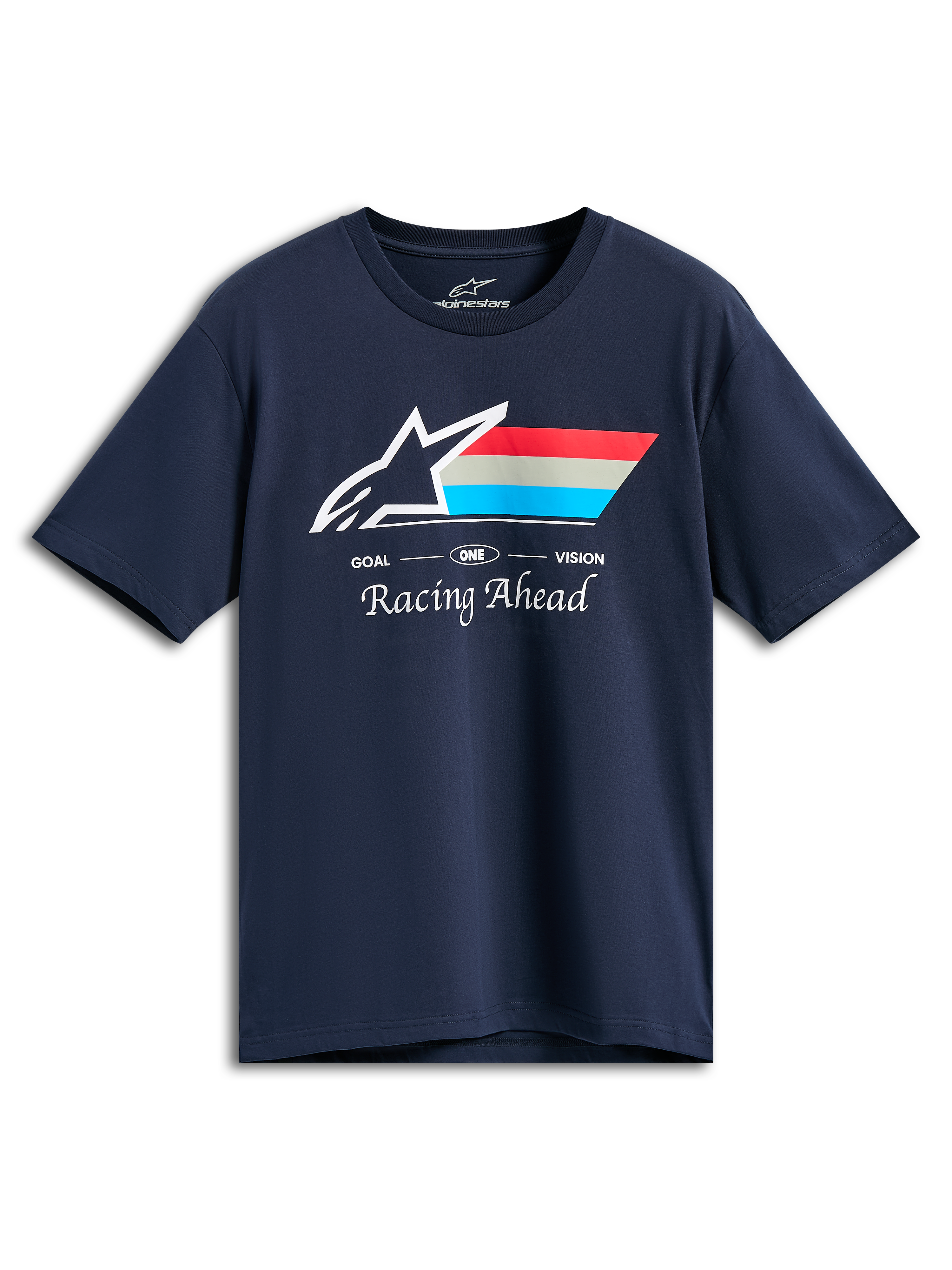 Alpinestars Trifecta CSF Tee, t-shirt a maniche corte, blu navy, logo Astars bianco con strisce rosse, grigie e ciano, testo GOAL ONE VISION e Racing Ahead, streetwear casual motorsport