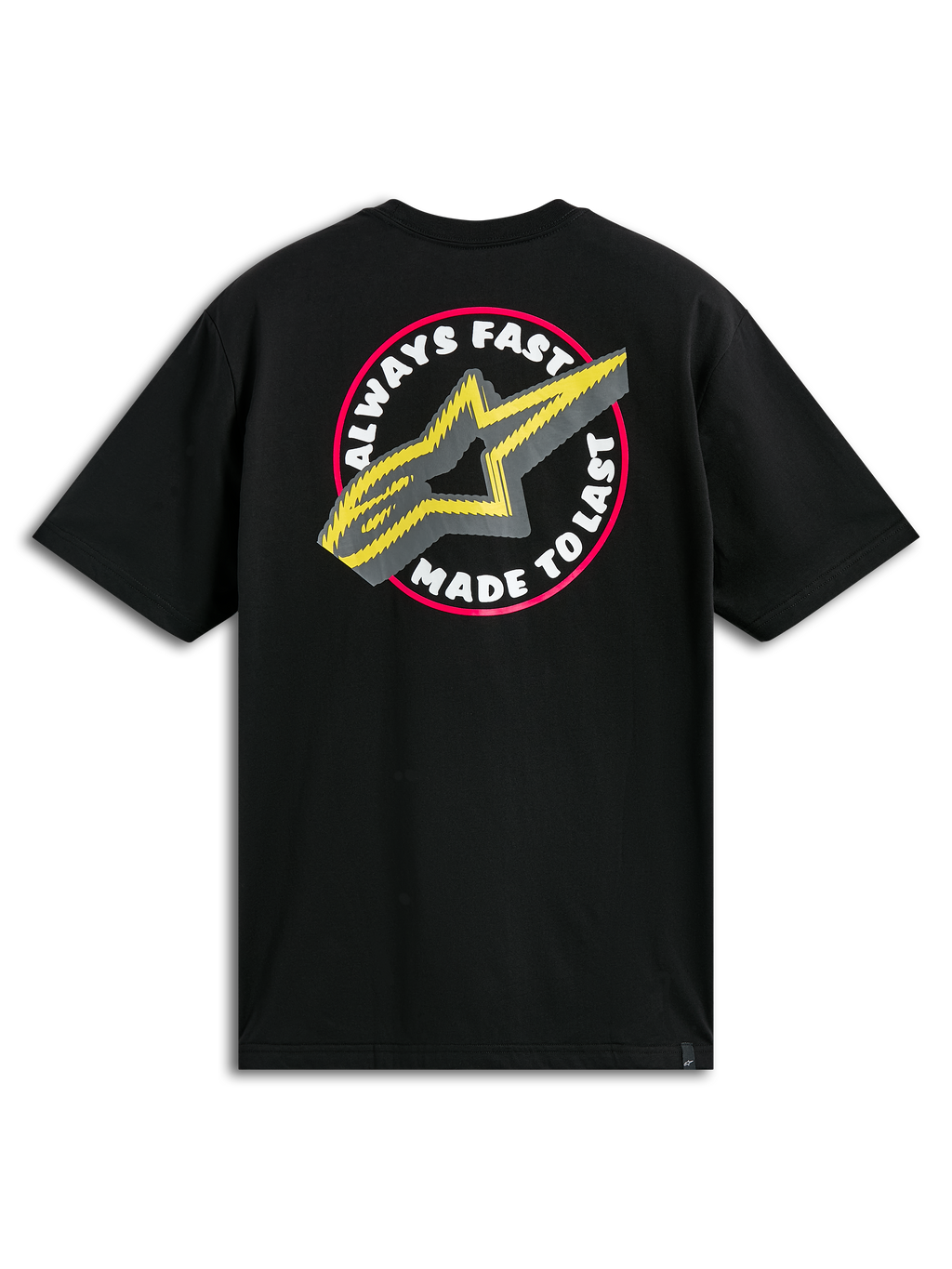 Alpinestars Aorbit CSF Tee, t-shirt a maniche corte, nera, con grande grafica circolare sul retro, testo "Always Fast Made to Last" e logo Astars giallo, abbigliamento streetwear casual motorsport