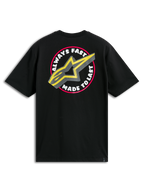 Alpinestars Aorbit CSF Tee, t-shirt a maniche corte, nera, con grande grafica circolare sul retro, testo "Always Fast Made to Last" e logo Astars giallo, abbigliamento streetwear casual motorsport
