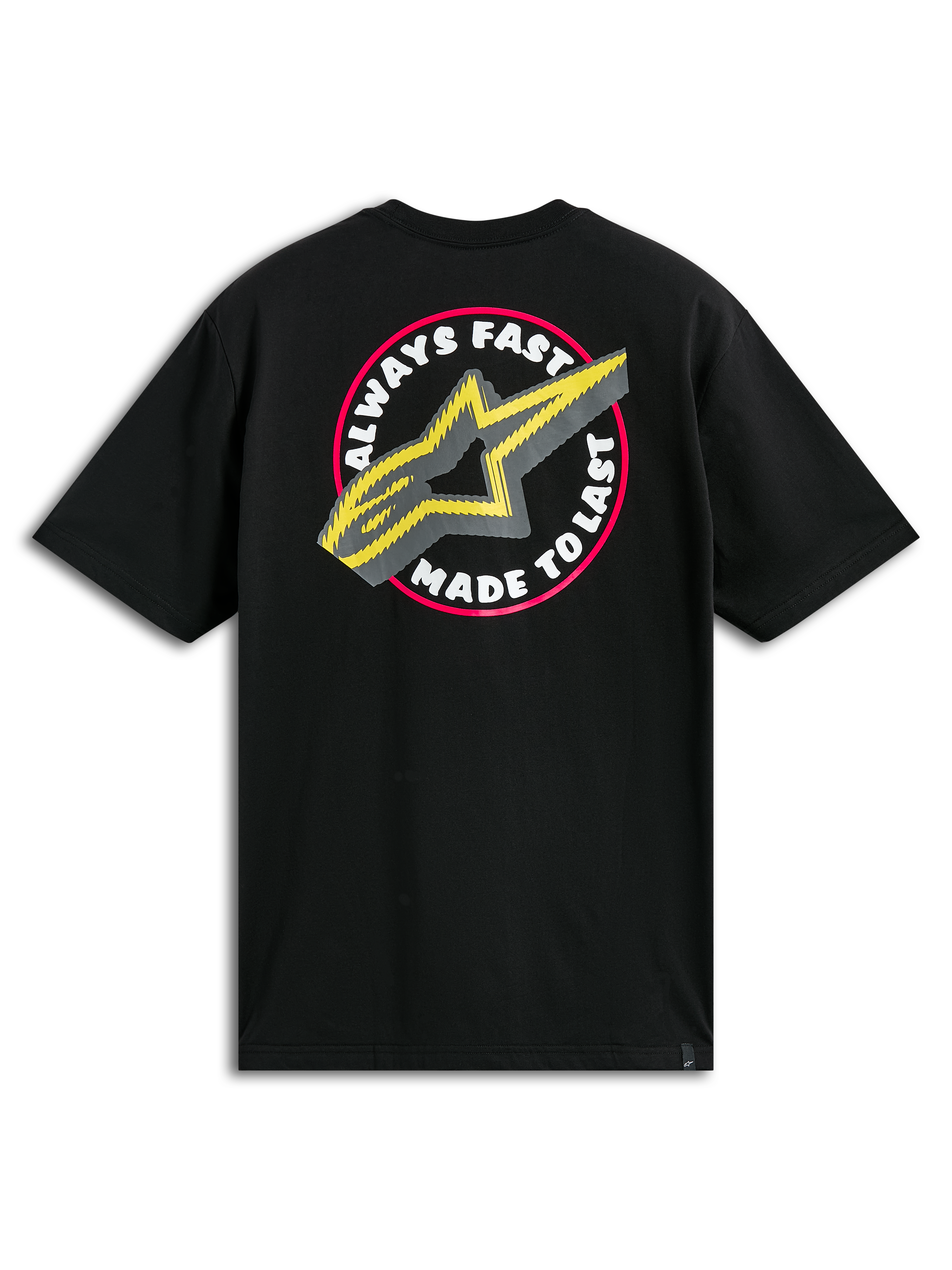 Alpinestars Aorbit CSF Tee, t-shirt a maniche corte, nera, con grande grafica circolare sul retro, testo "Always Fast Made to Last" e logo Astars giallo, abbigliamento streetwear casual motorsport
