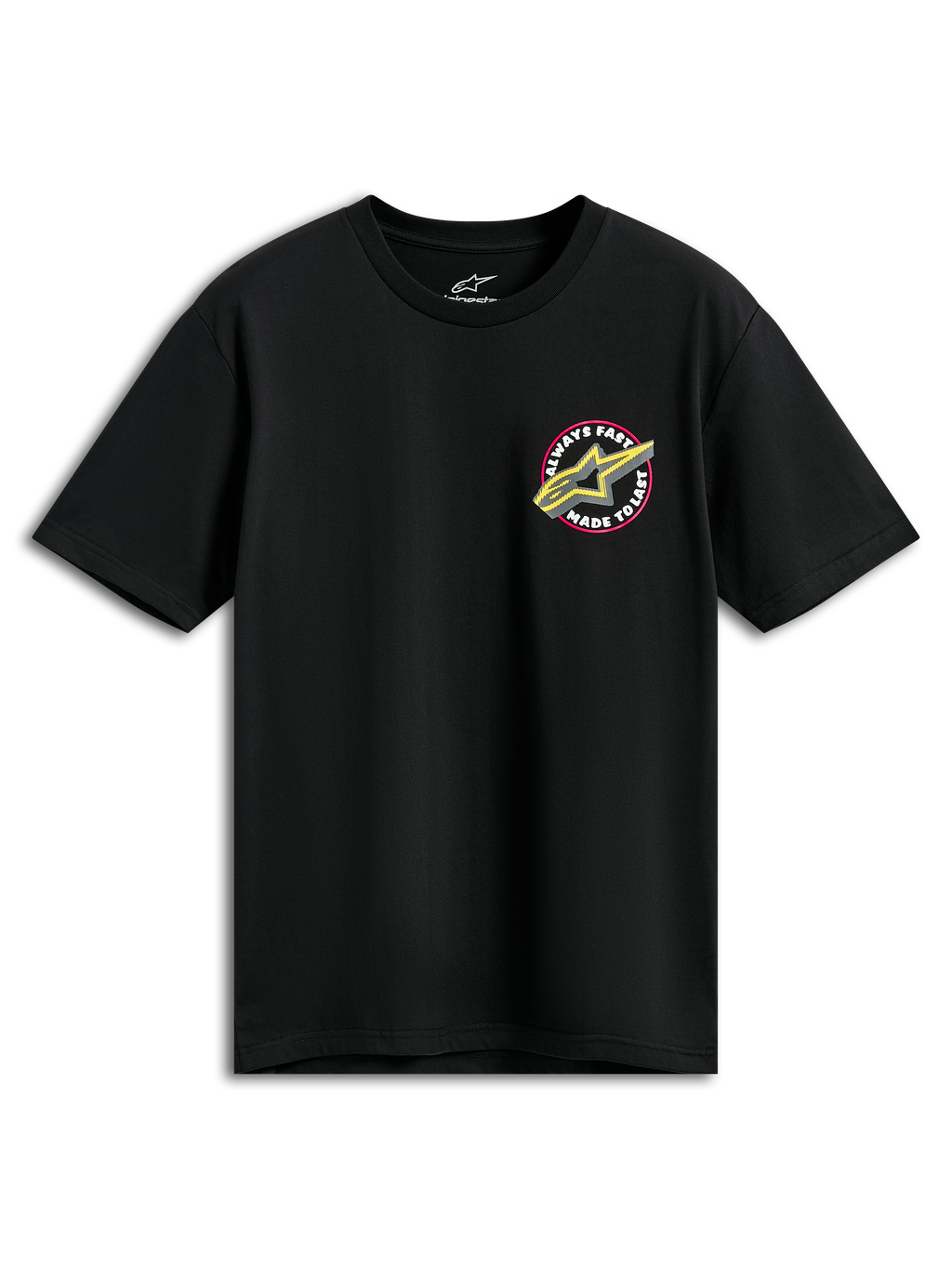 Alpinestars Aorbit CSF Tee, t-shirt a maniche corte, nera con logo Astars rosa e giallo e grafica Always Fast Made to Last, abbigliamento sportivo casual motorsport