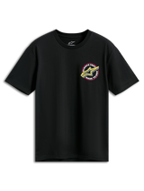 Alpinestars Aorbit CSF Tee, t-shirt a maniche corte, nera con logo Astars rosa e giallo e grafica Always Fast Made to Last, abbigliamento sportivo casual motorsport