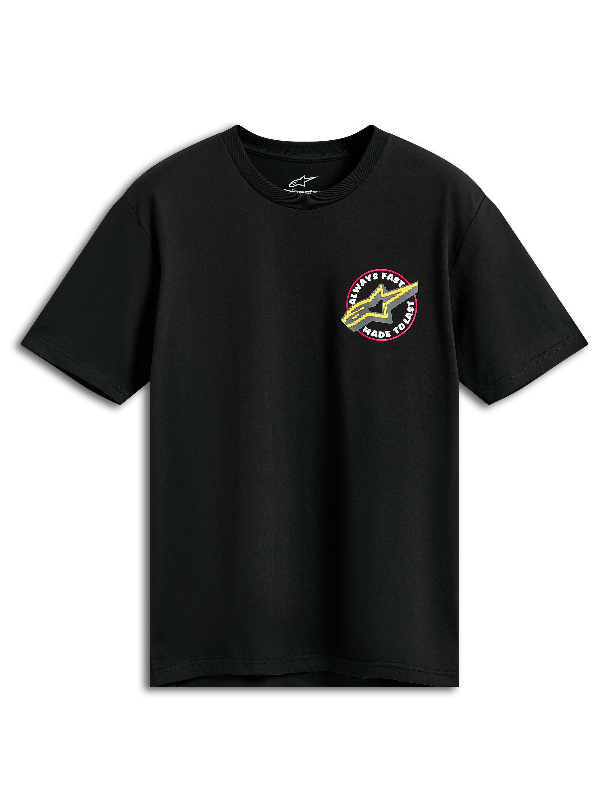 Alpinestars Aorbit CSF Tee, t-shirt a maniche corte, nera con logo Astars rosa e giallo e grafica Always Fast Made to Last, abbigliamento sportivo casual motorsport