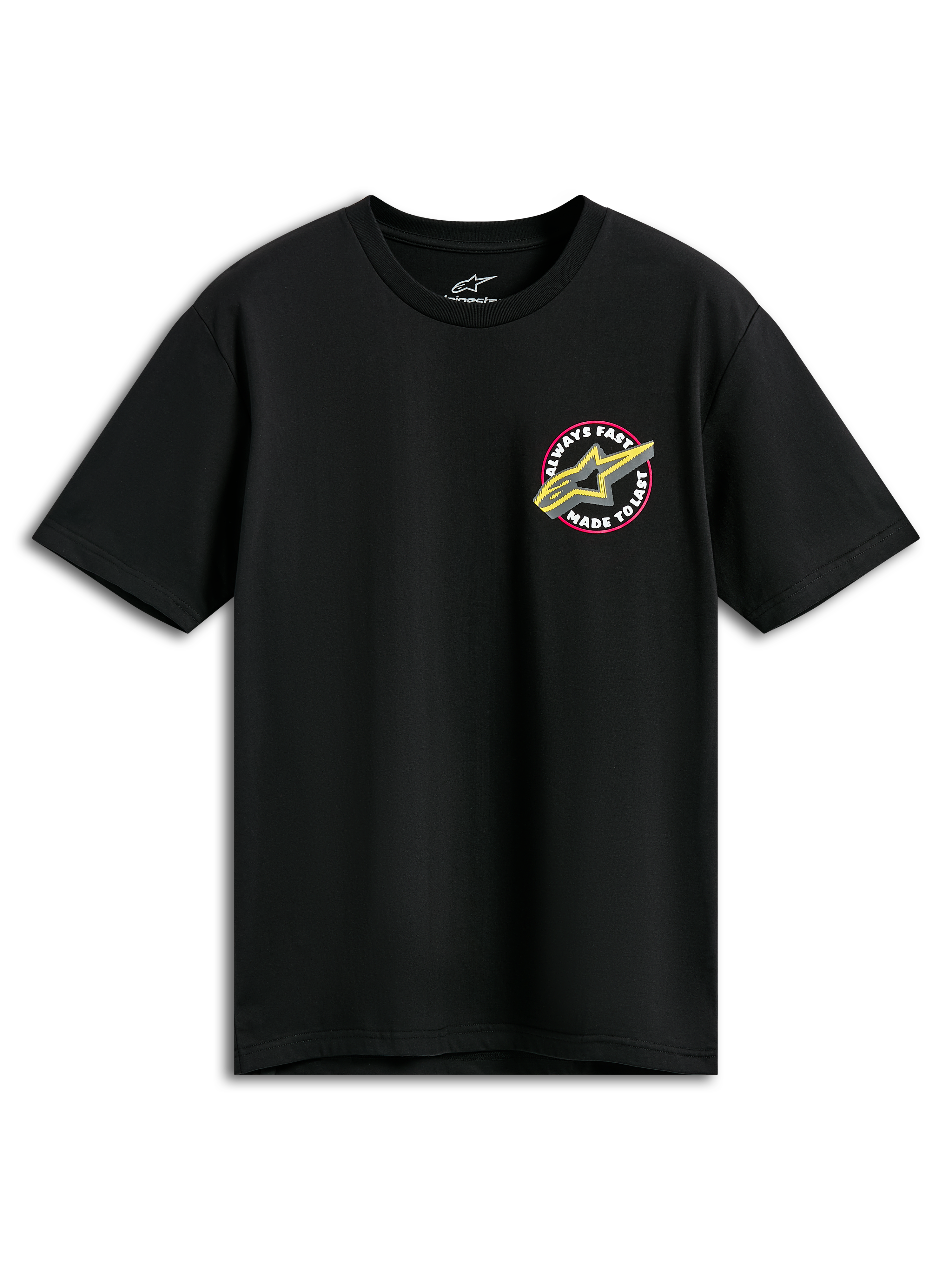 Alpinestars Aorbit CSF Tee, t-shirt a maniche corte, nera con logo Astars rosa e giallo e grafica Always Fast Made to Last, abbigliamento sportivo casual motorsport