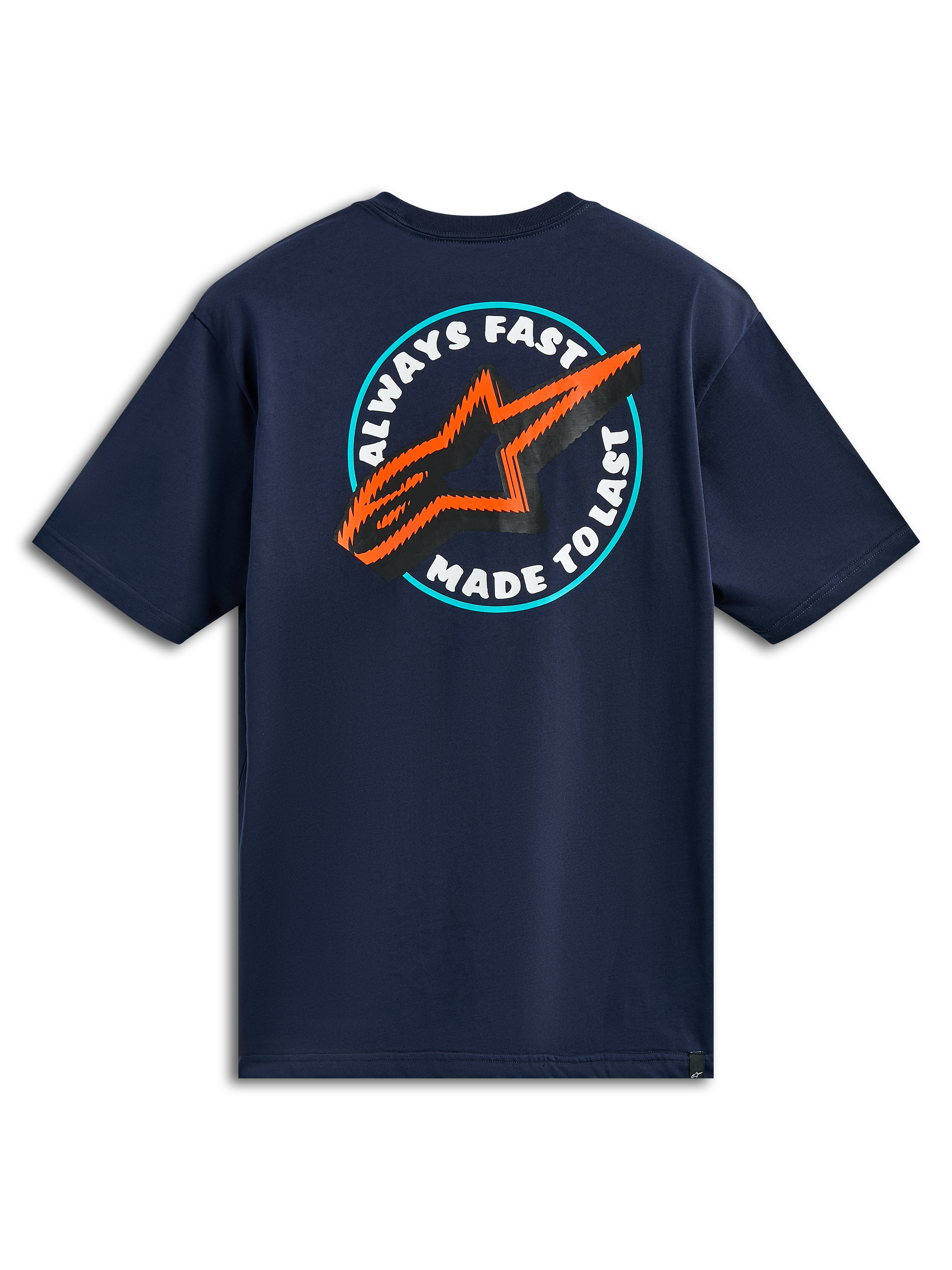 Alpinestars Aorbit CSF Tee, T-shirt a maniche corte, blu navy, vista posteriore con grafica circolare Always Fast Made to Last e logo a stella arancione e nero, abbigliamento casual motorsport streetwear
