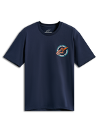 Alpinestars Aorbit CSF Tee, maglietta a maniche corte, blu navy, grafica circolare sul petto con logo Astars arancione e scritta Always Fast Made to Last, abbigliamento sportivo casual da motorsport