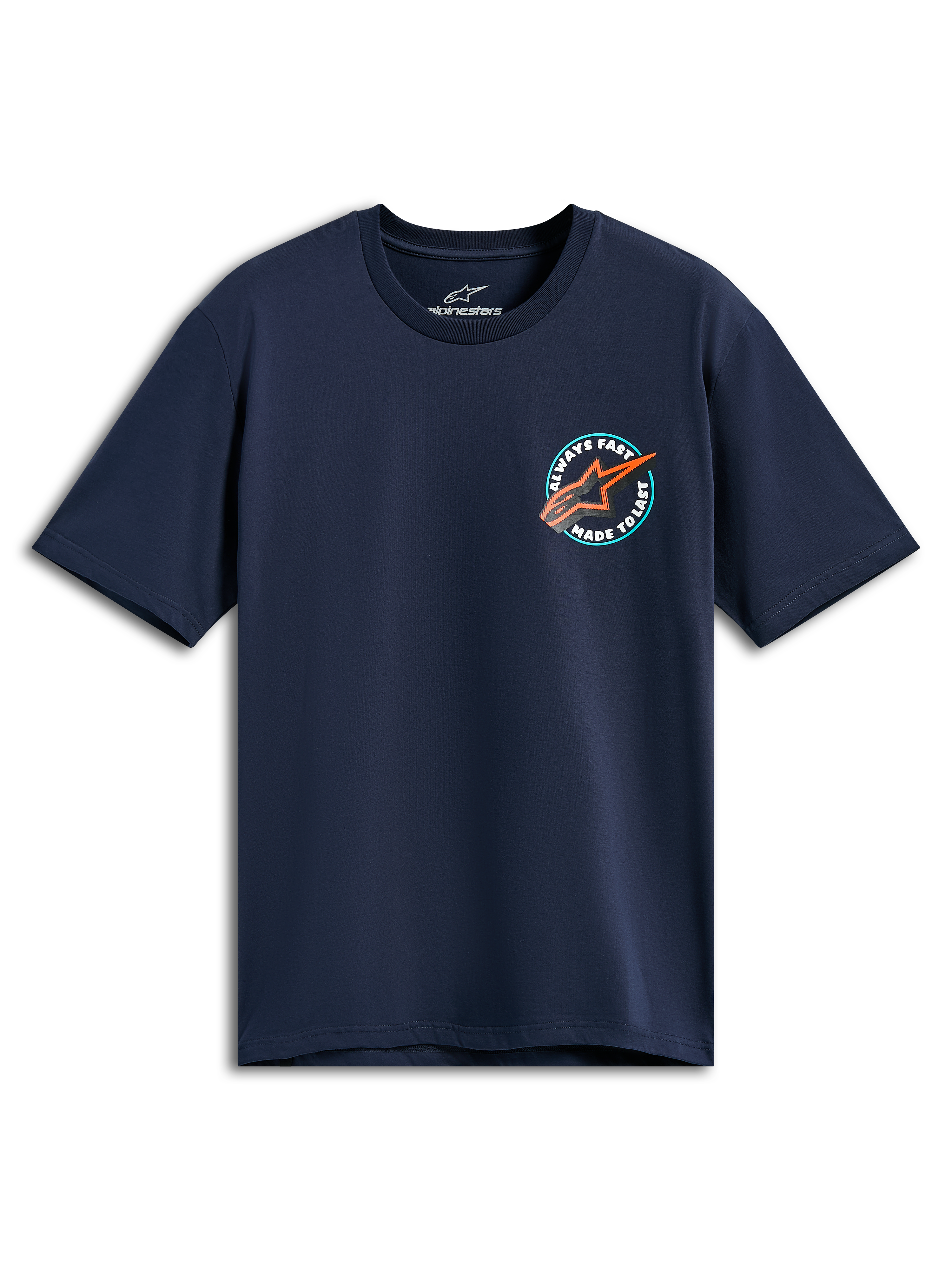 Alpinestars Aorbit CSF Tee, maglietta a maniche corte, blu navy, grafica circolare sul petto con logo Astars arancione e scritta Always Fast Made to Last, abbigliamento sportivo casual da motorsport