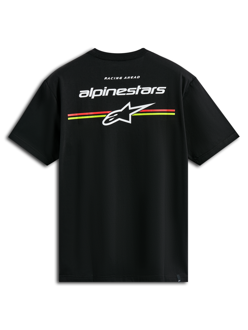 Alpinestars Lanes CSF Tee, t-shirt a maniche corte, nero, loghi Alpinestars e Astars bianchi con strisce orizzontali arancioni e gialle sul retro, abbigliamento casual motorsport streetwear