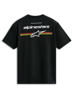 Alpinestars Lanes CSF Tee, t-shirt a maniche corte, nero, loghi Alpinestars e Astars bianchi con strisce orizzontali arancioni e gialle sul retro, abbigliamento casual motorsport streetwear