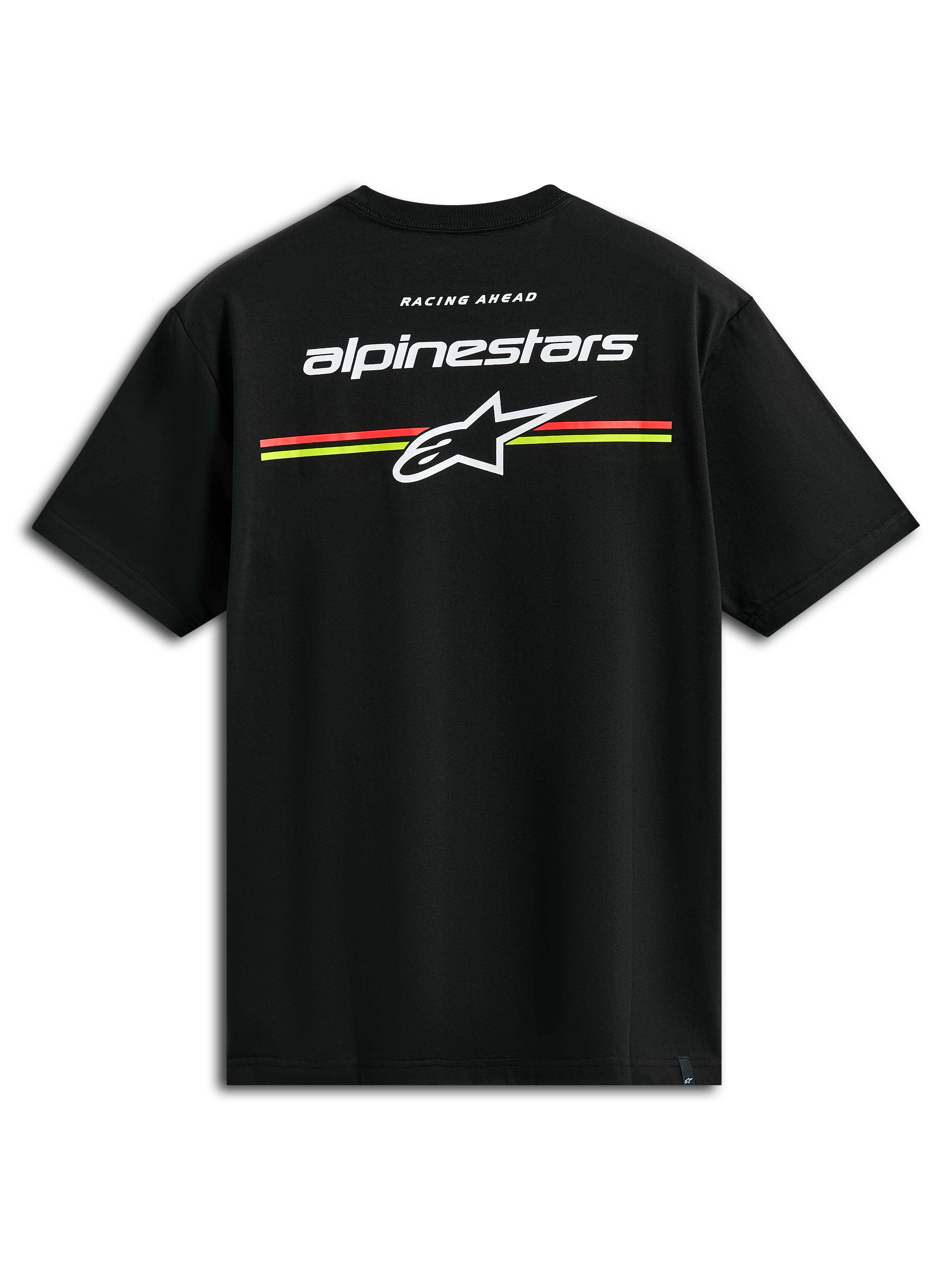 Alpinestars Lanes CSF Tee, t-shirt a maniche corte, nero, loghi Alpinestars e Astars bianchi con strisce orizzontali arancioni e gialle sul retro, abbigliamento casual motorsport streetwear