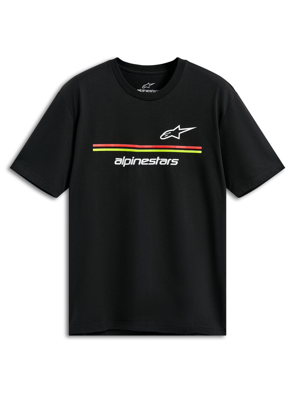 T-shirt Alpinestars Lanes CSF, maglietta a maniche corte, nera, loghi Astars e Alpinestars bianchi con strisce rosse e gialle, abbigliamento casual motorsport streetwear