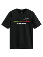 T-shirt Alpinestars Lanes CSF, maglietta a maniche corte, nera, loghi Astars e Alpinestars bianchi con strisce rosse e gialle, abbigliamento casual motorsport streetwear