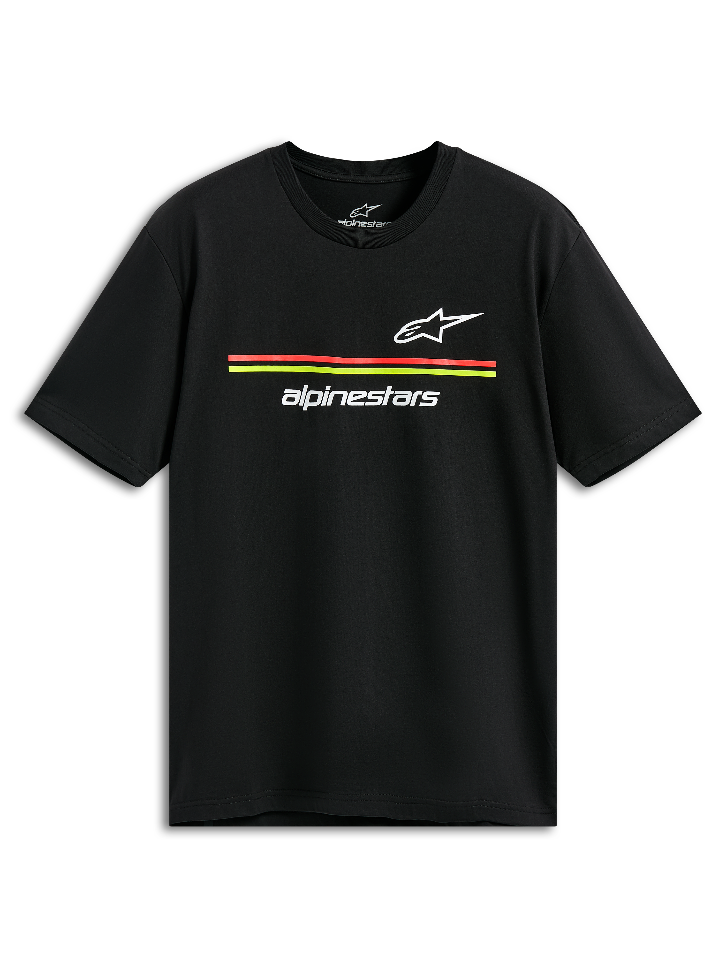 T-shirt Alpinestars Lanes CSF, maglietta a maniche corte, nera, loghi Astars e Alpinestars bianchi con strisce rosse e gialle, abbigliamento casual motorsport streetwear