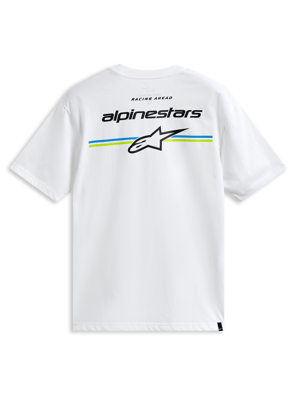 Alpinestars Lanes CSF Tee, t-shirt a maniche corte, bianco, con scritta Alpinestars e logo Astars su strisce blu e verde lime sul retro, streetwear casual motorsport