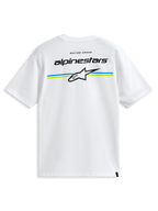 Alpinestars Lanes CSF Tee, t-shirt a maniche corte, bianco, con scritta Alpinestars e logo Astars su strisce blu e verde lime sul retro, streetwear casual motorsport