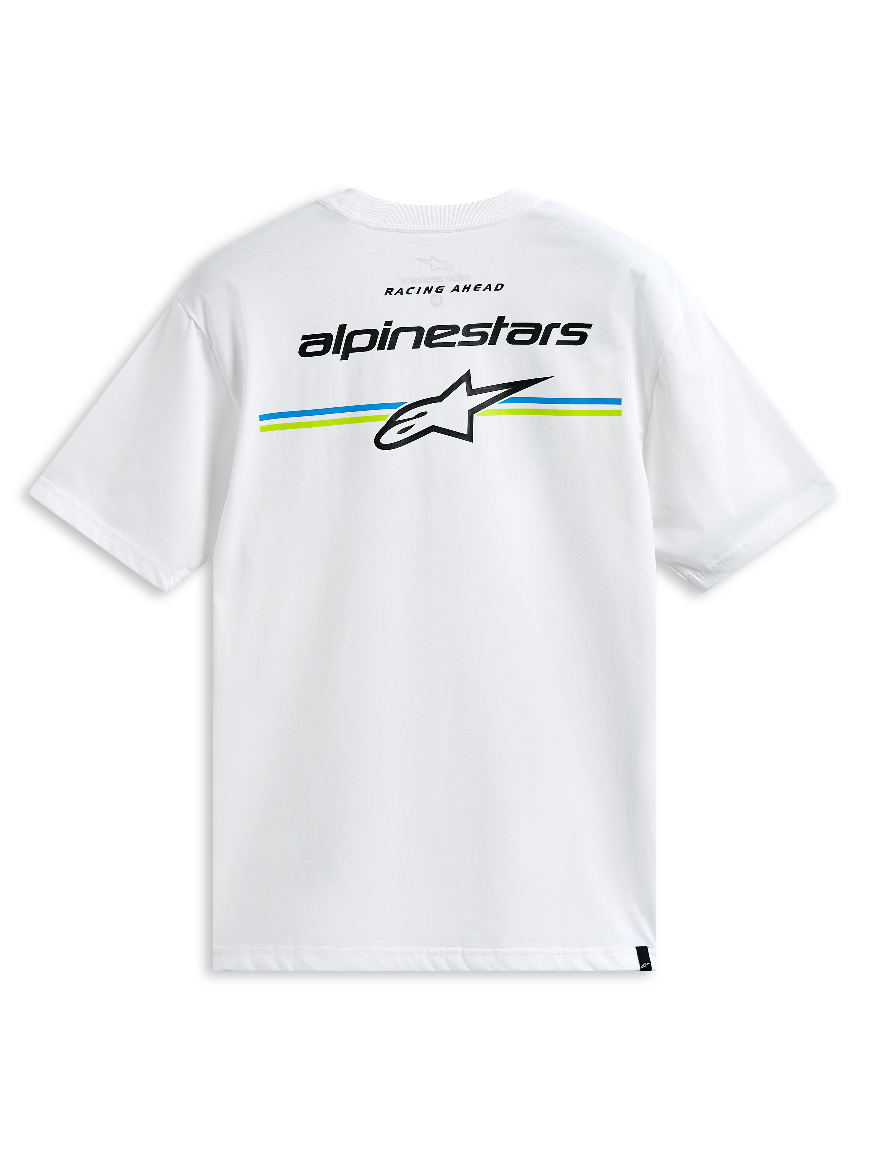 Alpinestars Lanes CSF Tee, t-shirt a maniche corte, bianco, con scritta Alpinestars e logo Astars su strisce blu e verde lime sul retro, streetwear casual motorsport