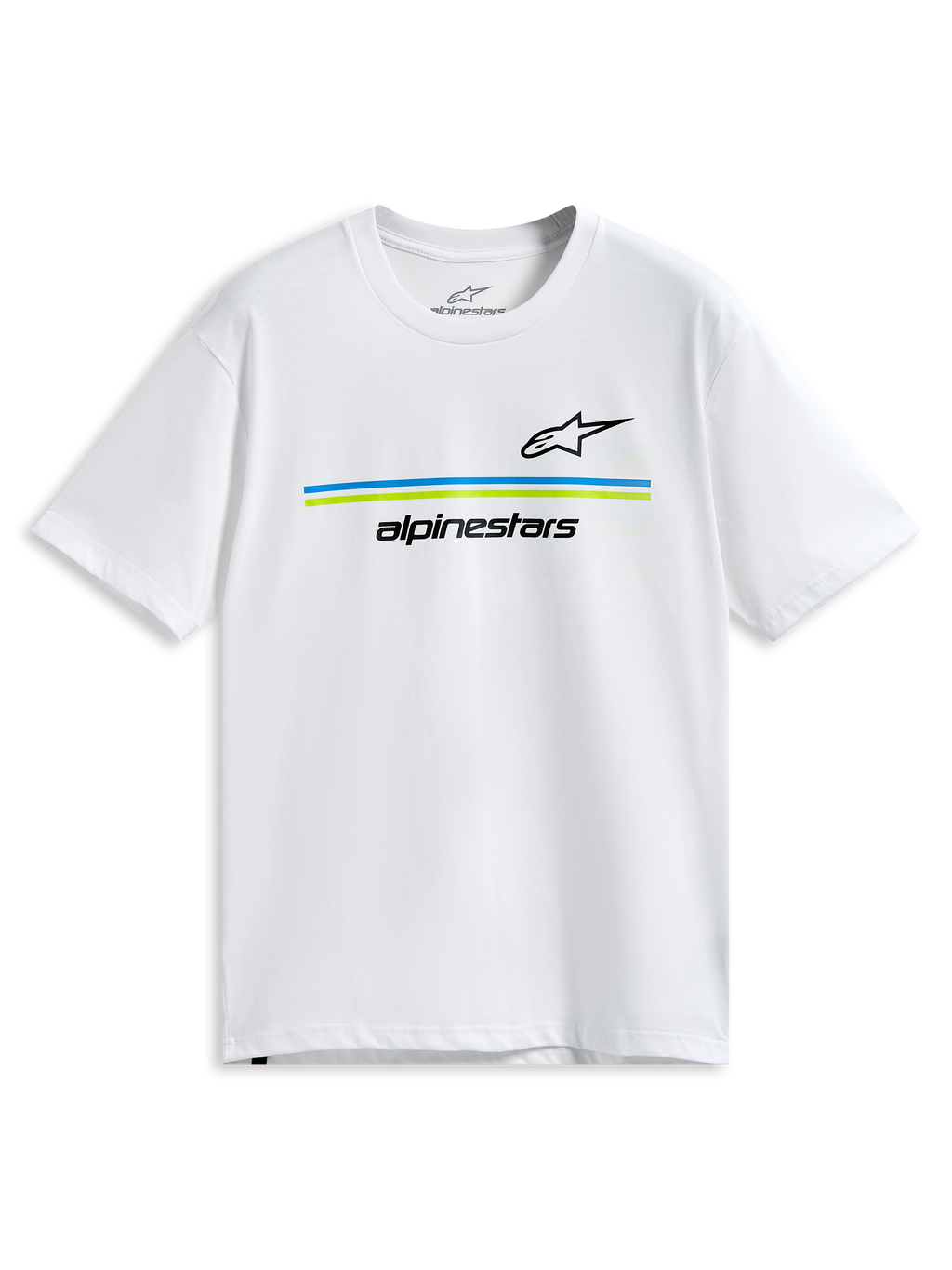 Alpinestars Lanes CSF Tee, maglietta a maniche corte, bianca, loghi Astars e Alpinestars neri con strisce orizzontali blu e verde lime, abbigliamento casual sportivo