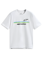Alpinestars Lanes CSF Tee, maglietta a maniche corte, bianca, loghi Astars e Alpinestars neri con strisce orizzontali blu e verde lime, abbigliamento casual sportivo