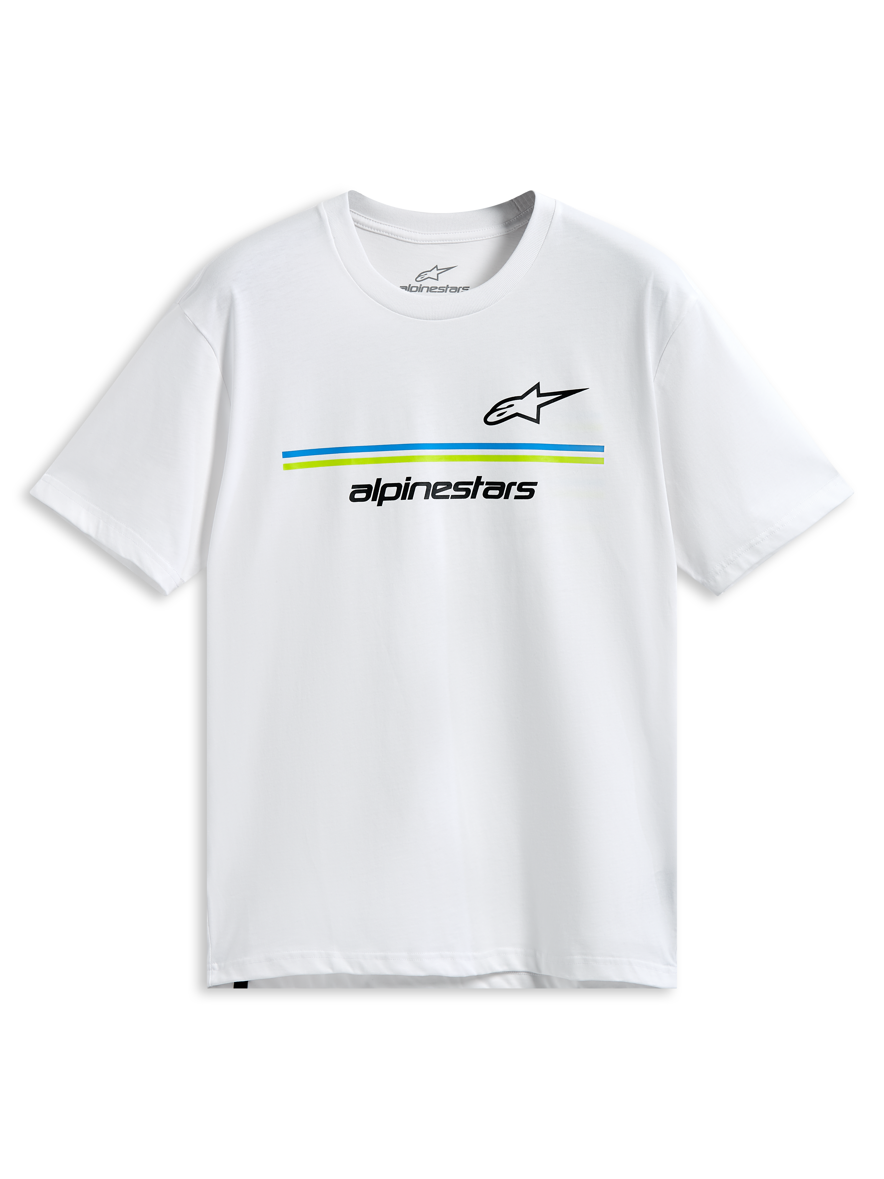 Alpinestars Lanes CSF Tee, maglietta a maniche corte, bianca, loghi Astars e Alpinestars neri con strisce orizzontali blu e verde lime, abbigliamento casual sportivo