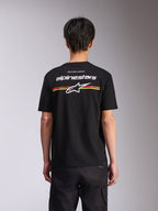Alpinestars Lanes CSF Tee, t-shirt a maniche corte, nero, vista posteriore con logo Alpinestars bianco e stella Astars con strisce rosse e gialle, streetwear casual motorsport