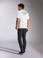 Alpinestars Lanes CSF Tee, t-shirt a maniche corte, bianco, vista posteriore con logo Alpinestars e strisce gialle e blu, streetwear casual motorsport