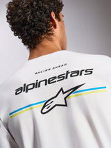 Alpinestars Lanes CSF Tee, Short Sleeve T-Shirt, White, back graphic with Alpinestars wordmark and Astars logo over blue and yellow stripes, casual motorsport-inspired streetwear