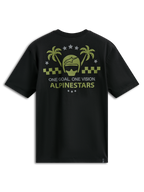 Alpinestars Order CSF Tee, t-shirt a maniche corte, nero, grafica verde oliva e grigia con casco e palme, testo One Goal One Vision, abbigliamento sportivo casual da motorsport