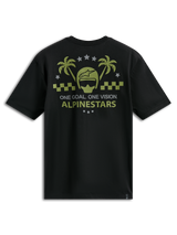 Alpinestars Order CSF Tee, t-shirt a maniche corte, nero, grafica verde oliva e grigia con casco e palme, testo One Goal One Vision, abbigliamento sportivo casual da motorsport