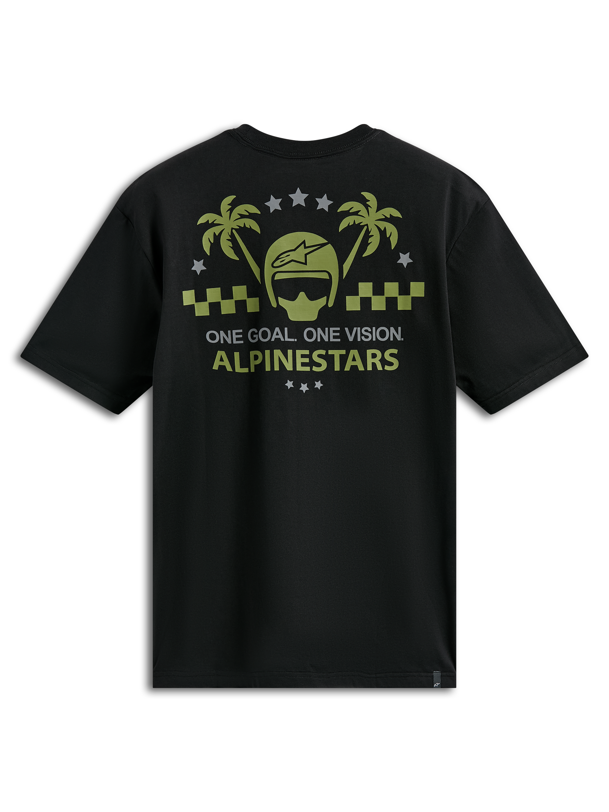 Alpinestars Order CSF Tee, t-shirt a maniche corte, nero, grafica verde oliva e grigia con casco e palme, testo One Goal One Vision, abbigliamento sportivo casual da motorsport